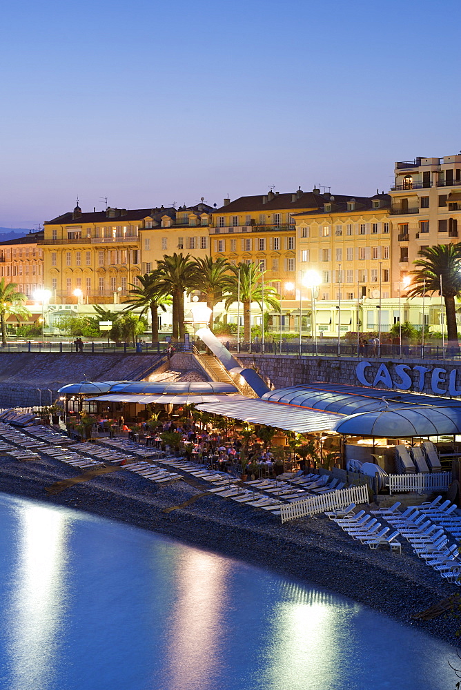 Night-time view of the Baie des Anges (Bay of Angels) and its beach, Nice, Provence, Cote d'Azur, French Riviera, France, Mediterranean, Europe