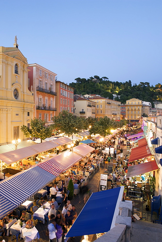 Dusk view of open air restaurants in the Cours Saleya, Nice, Provence, Cote d'Azur, French Riviera, France, Mediterranean, Europe