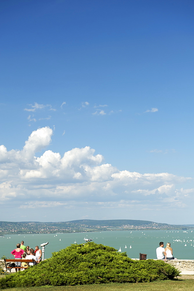 People enjoying the view of Lake Balaton from Tihany, Hungary, Europe