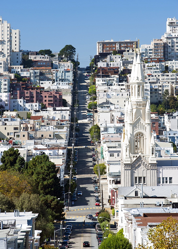 View along Filbert Street looking southwest past Sts. Peter and Paul Church in the North Beach district of San Francisco, California, United States of America, North America