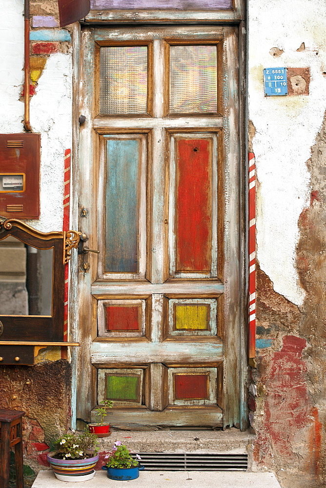 A colourful wooden door in a side street in Sarajevo, capital of Bosnia and Herzegovina, Europe