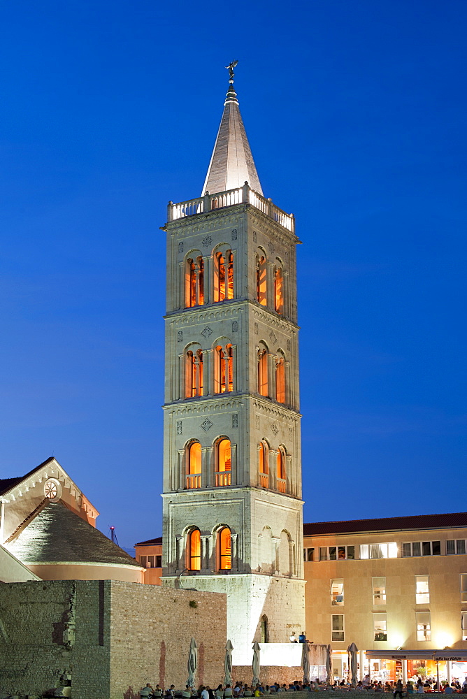 Dusk view of the bell tower of the Cathedral of St. Anastasia in Zadar, Adriatic Coast, Croatia, Europe