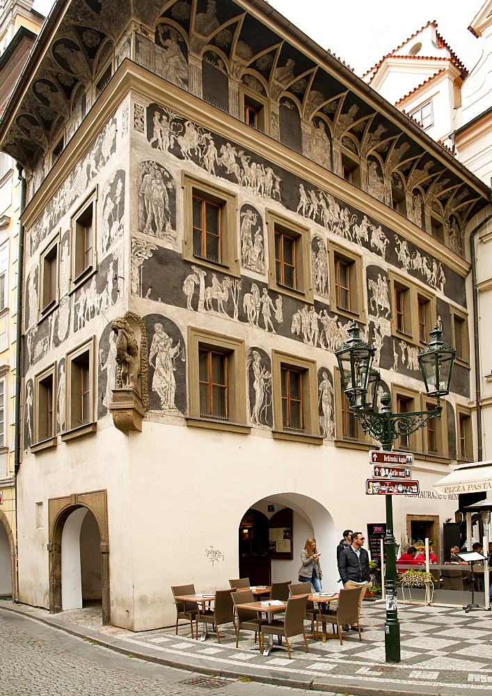 House at the Minute, a renaissance building featuring architectural sgraffito on the Old Town Square, Prague, Czech Republic, Europe