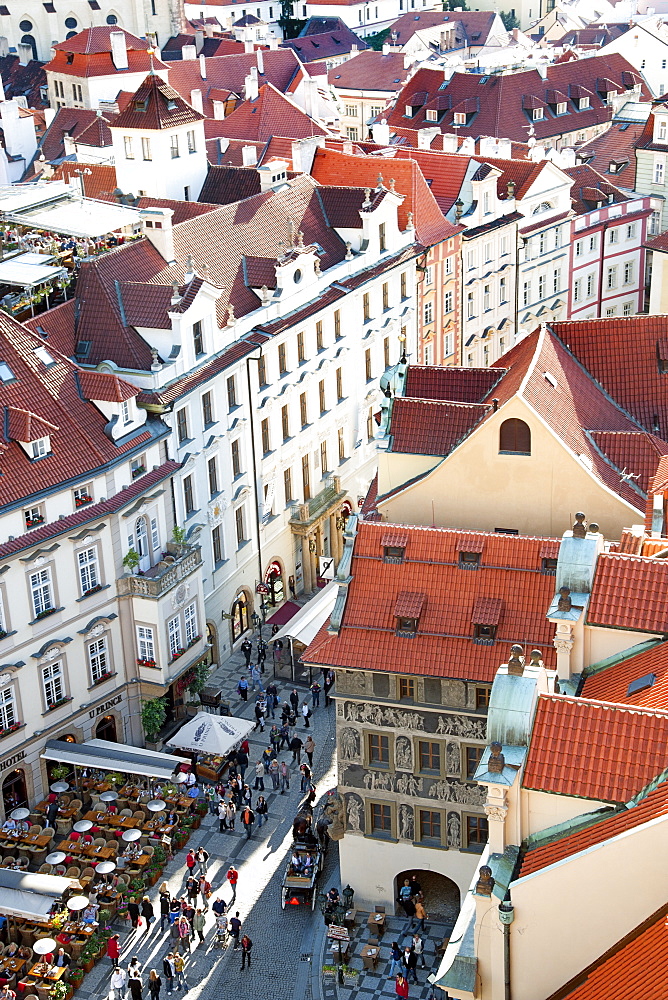 View over Old Town rooftops and parts of Staromestske namesi (Old Town Square), Prague, Czech Republic, Europe