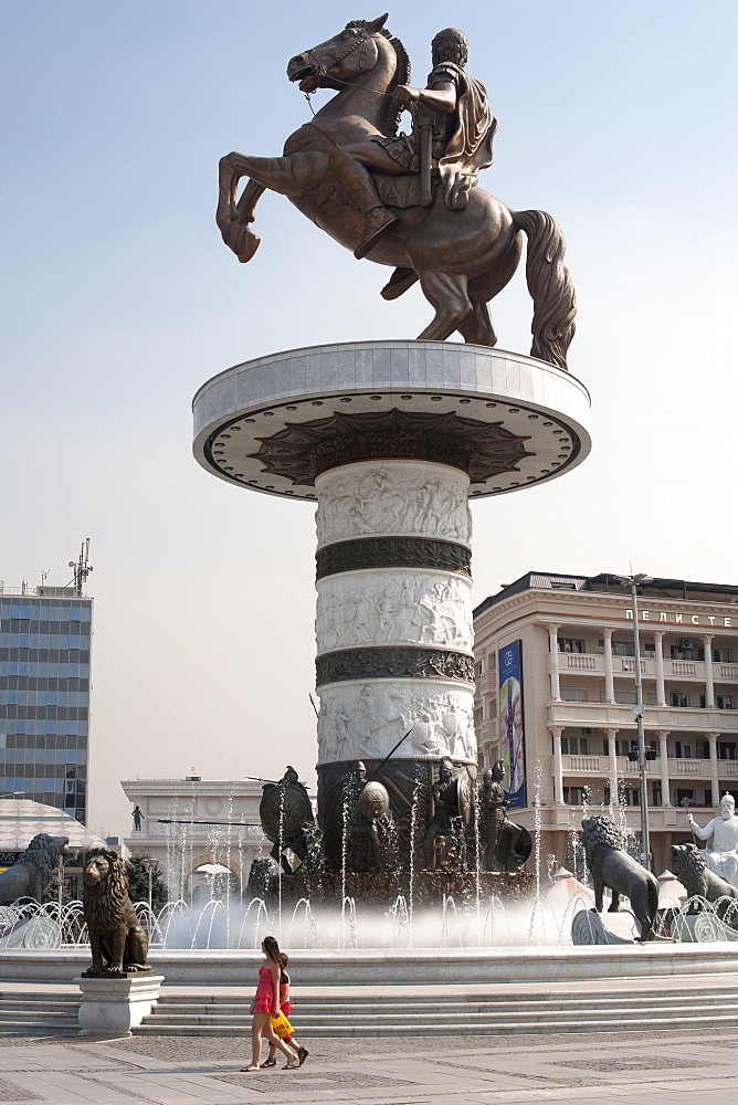 Warrior on a Horse, a 28m high fountain and statue of Alexander the Great in the centre of Skopje, Macedonia, Europe