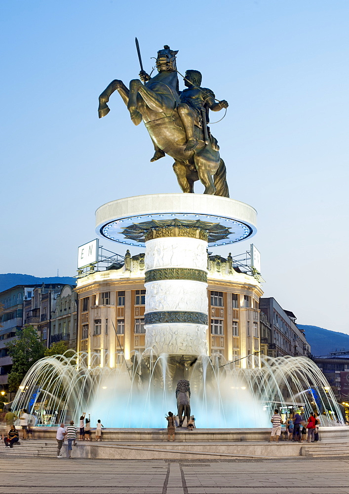 Warrior on a Horse, a 28m high fountain and statue of Alexander the Great in the centre of Skopje, Macedonia, Europe