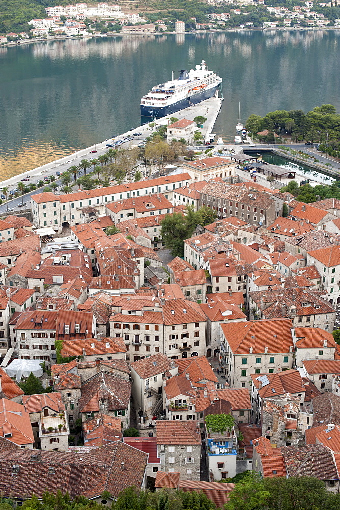 View over the port and rooftops of the old town of Kotor, UNESCO World Heritage Site, Montenegro, Europe