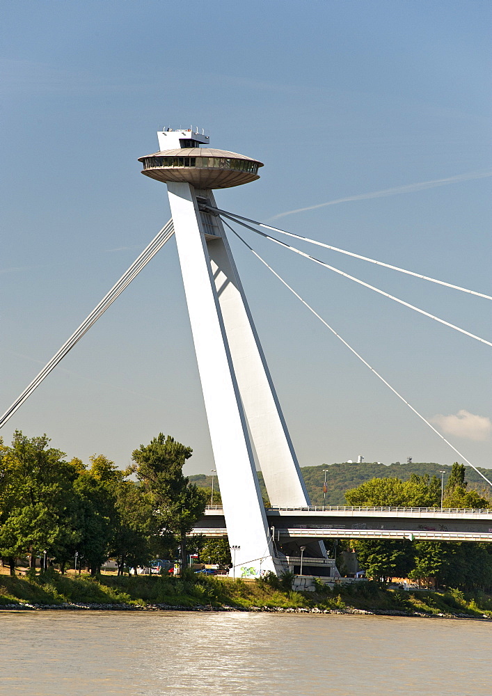 The observation deck and structure of the New Bridge (Novy Most) over the Danube River in Bratislava, Slovakia, Europe