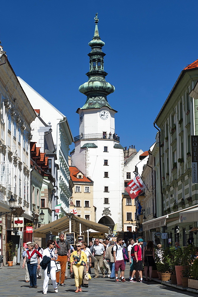 Michalska street and St. Michael's Gate and Tower in Bratislava, Slovakia, Europe