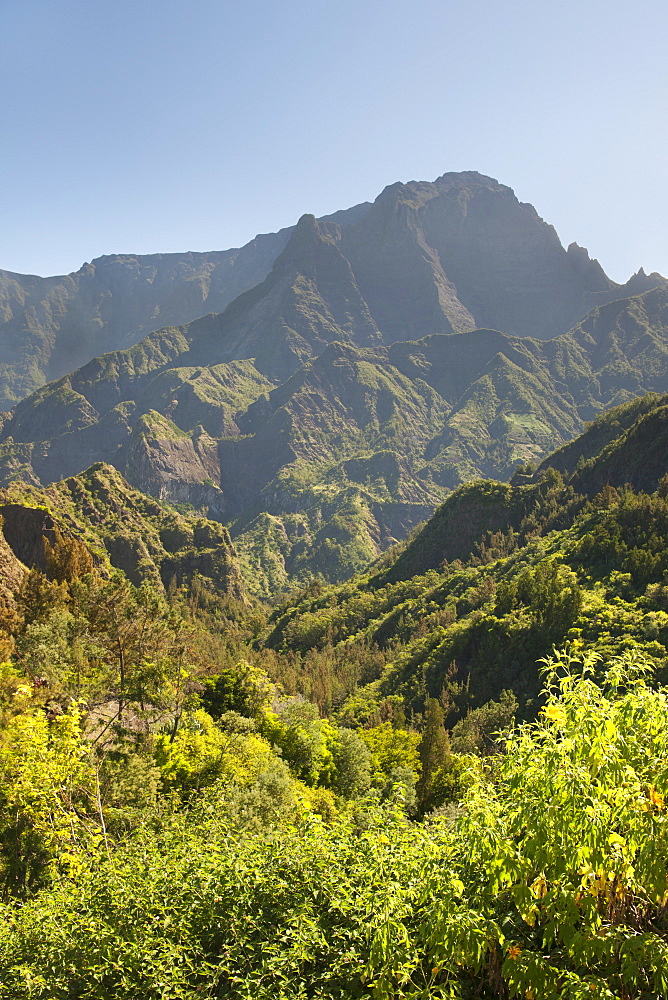 The Cirque de Cilaos caldera on the French island of Reunion in the Indian Ocean, Africa