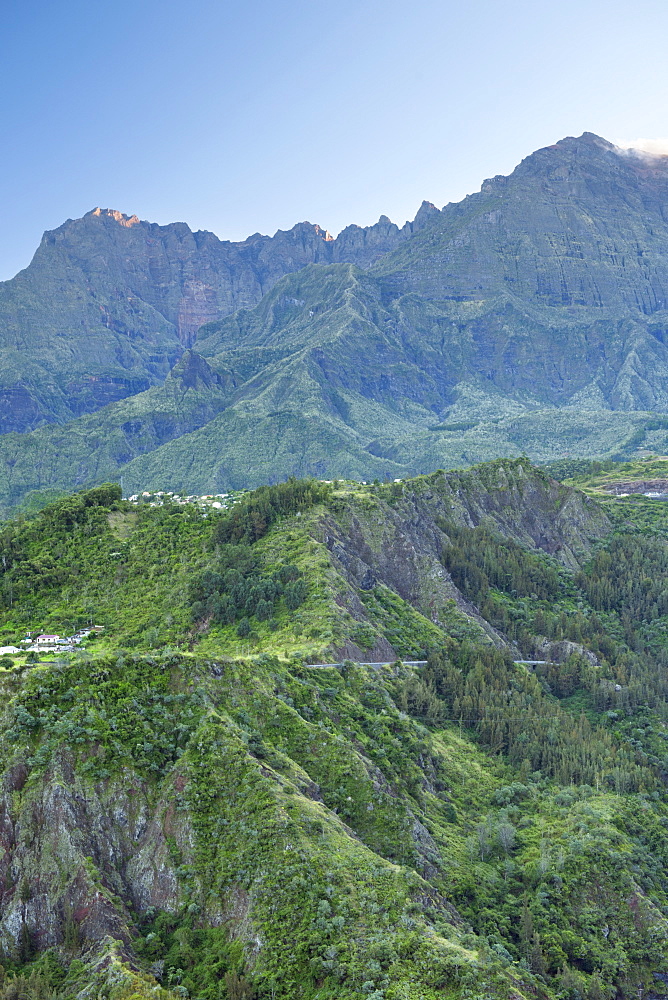 Dawn view across the Cirque de Cliaos caldera on the French island of Reunion in the Indian Ocean, Africa