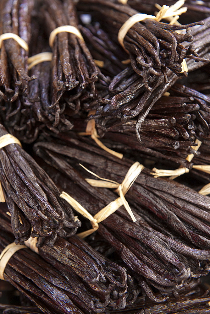 Vanilla sticks for sale at the market in the village of St. Paul on the French island of Reunion in the Indian Ocean, Africa