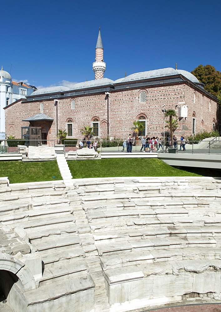 The Dzhumaya Mosque and part of the Roman stadium in Plovdiv, the second largest city in Bulgaria, Europe