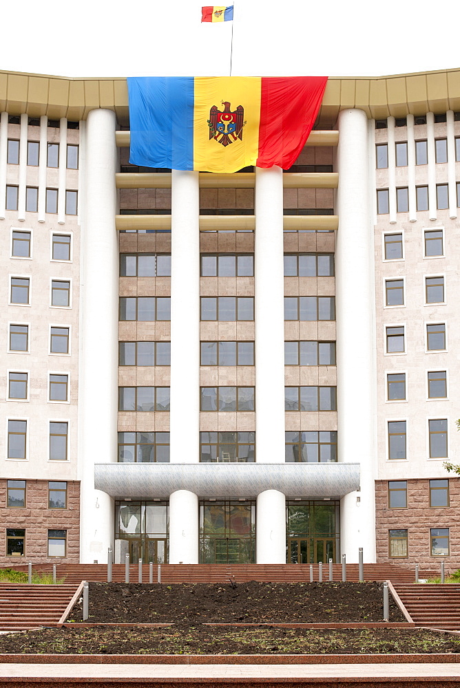 The Moldovan flag draped over the Moldovan Parliament building in Chisinau, the capital of Moldova, Europe