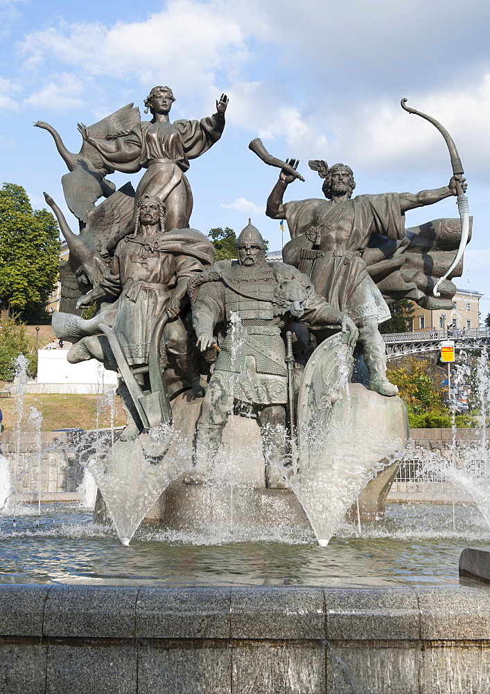 Statue of brothers, Kyi, Shchek and Khoryv, and sister Lybid, who founded Kiev, in Independence Square in Kiev, capital of Ukraine, Europe