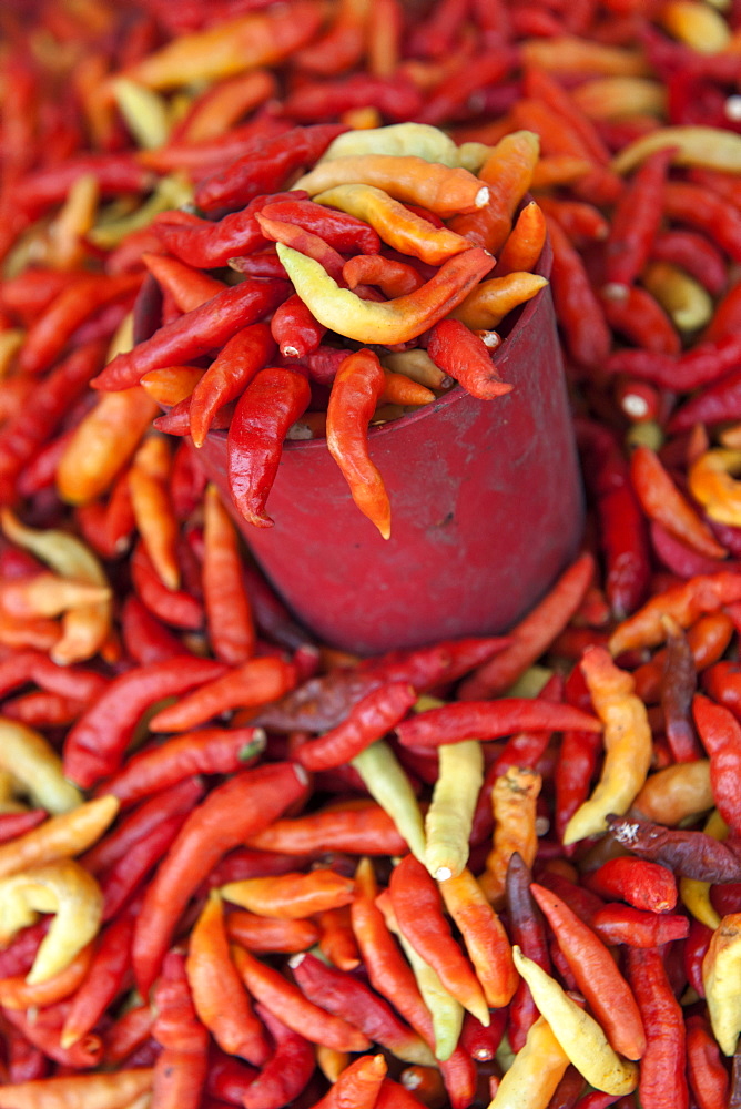 Chilis for sale in the market of Wuring fishing village near Maumere on Flores island, Indonesia.