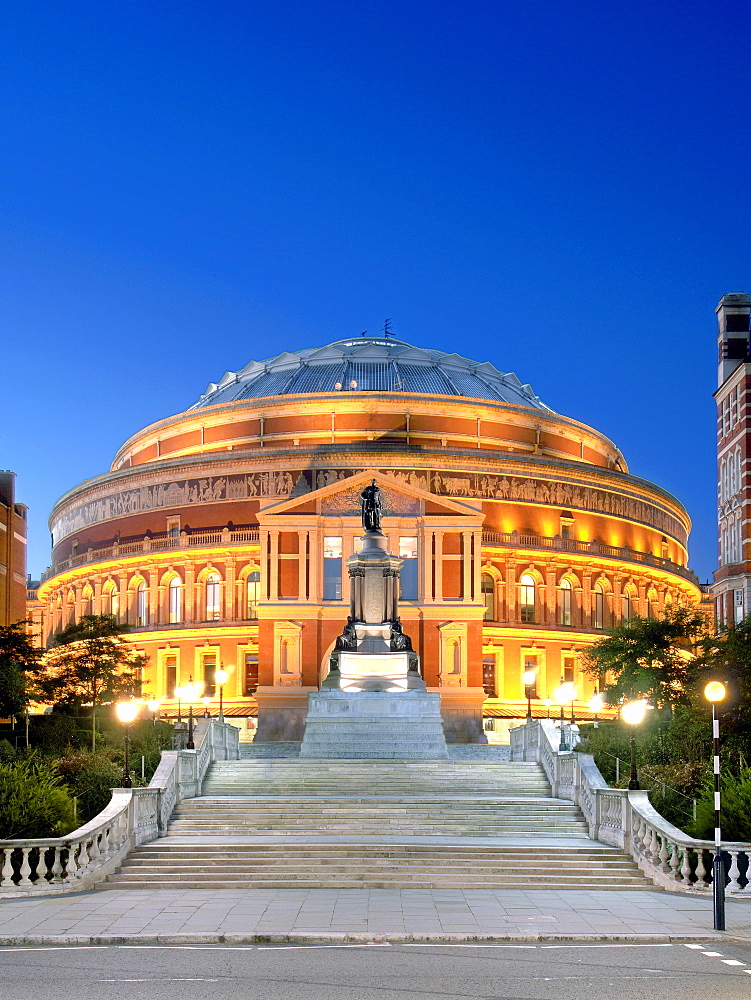 The Royal Albert Hall in London at dusk.