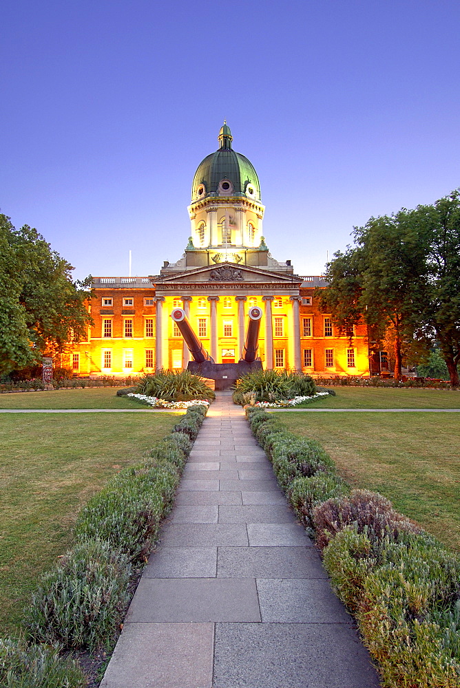 The Imperial War Museum in London at dusk. The building  used to be the Betheleham mental hospital (Bedlam) during Victorian times.