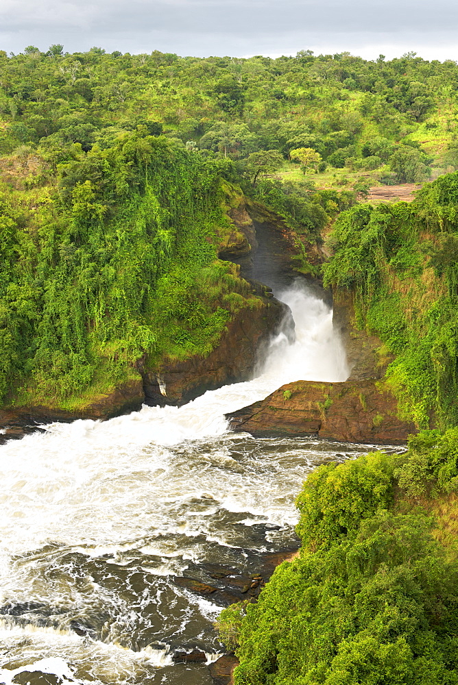 View of Murchison Falls on the Victoria Nile River in the Murchison Falls National Park in Uganda.