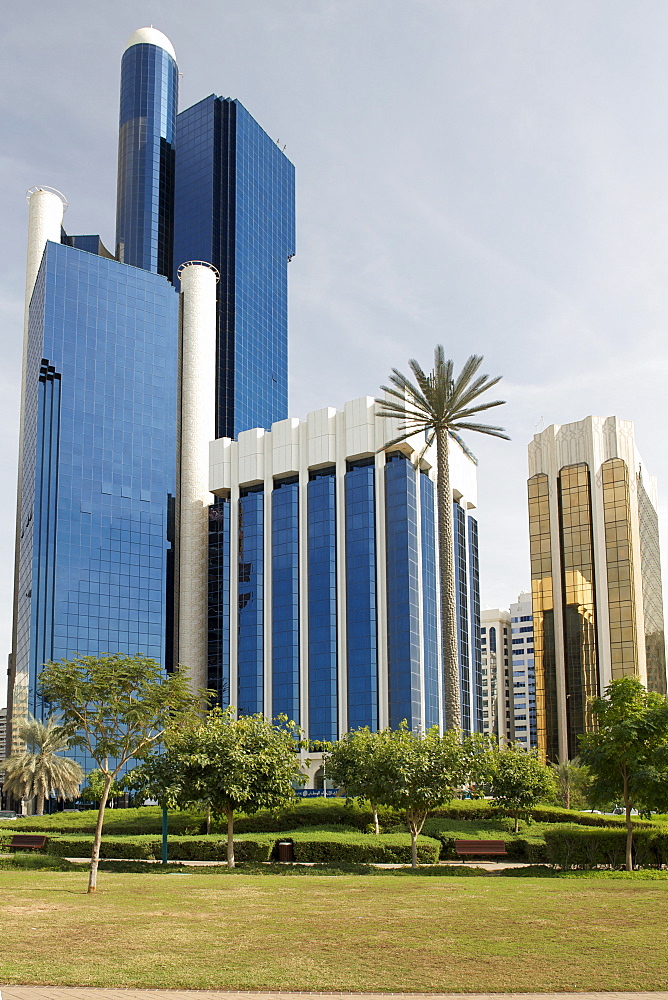 Buildings and green space in Abu Dhabi, the UAE.