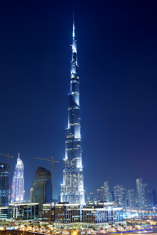 Night-time view of the Burj Khalifa, the tallest building in the world (as of January 2010) in Dubai, the UAE.