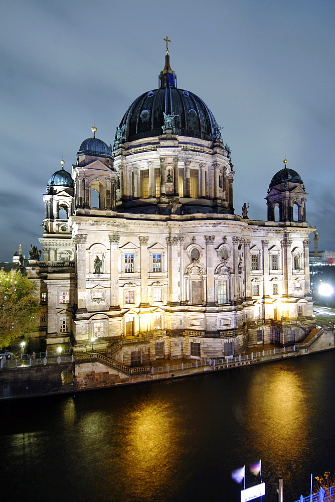 The Berliner Dom seen across the Spree River from a balcony of the Radisson Hotel, East Berlin, Germany, Europe