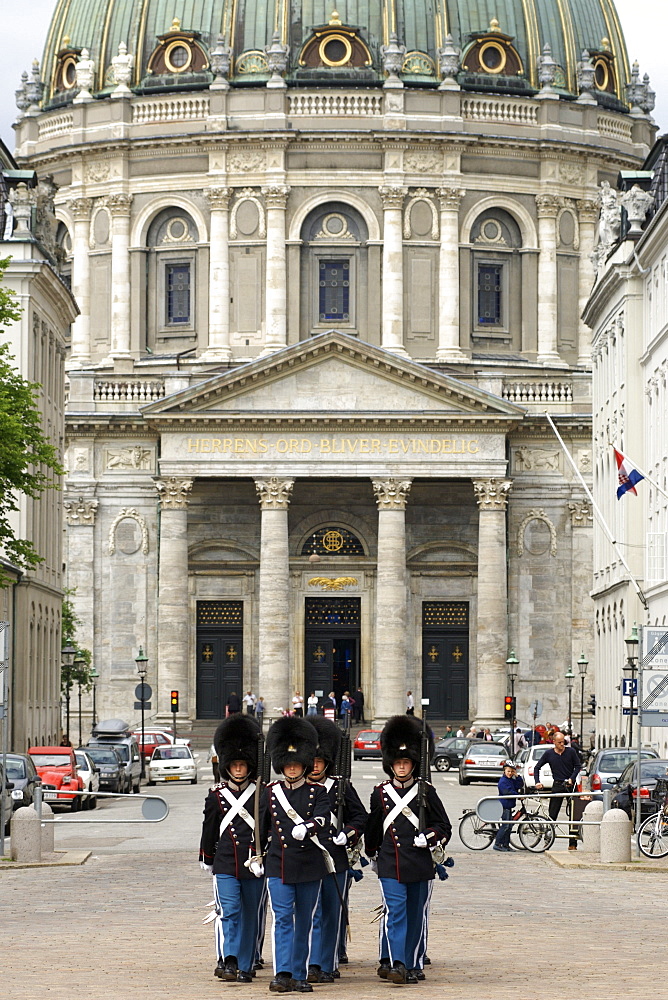 Changing of the Guard at Amalienborg with Frederik's Kirken church in the background, Copenhagen, Denmark, Scandinavia, Europe