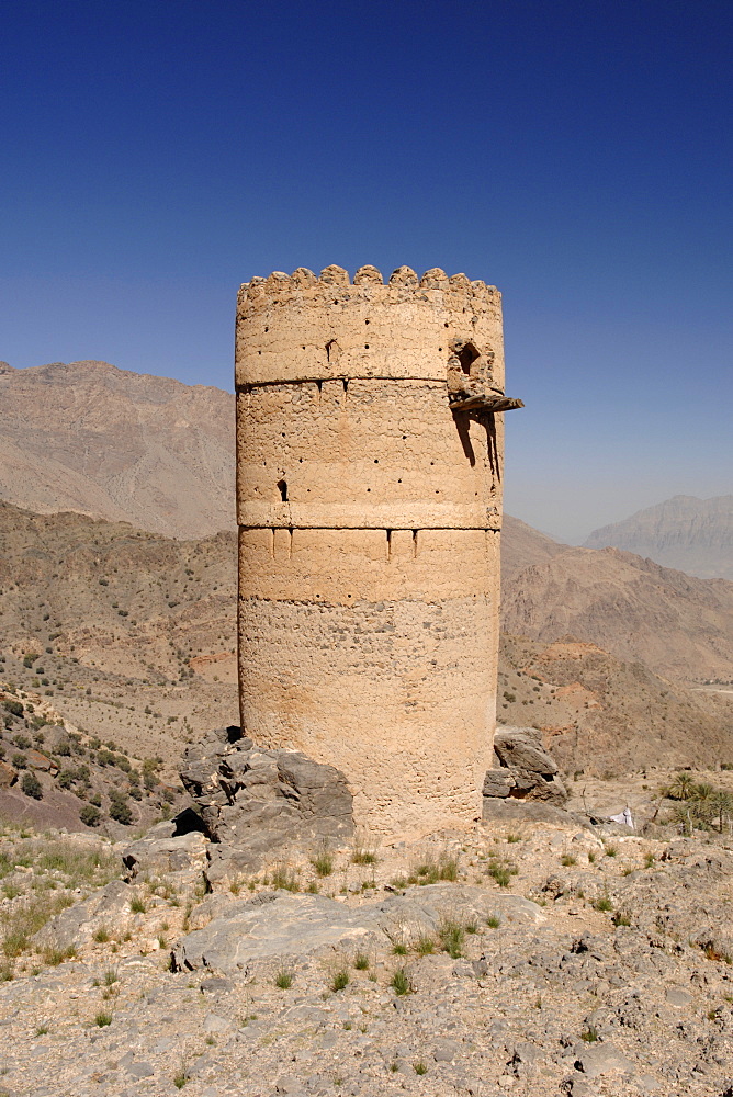 The remains of the lookout tower in the village of Hadash in the mountains of Jebel Akhdar in Oman.