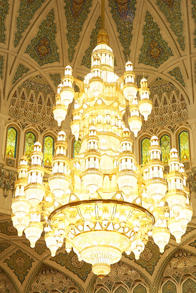 Chandelier inside the prayer area of the Sultan Qaboos Grand Mosque in Muscat, Oman.