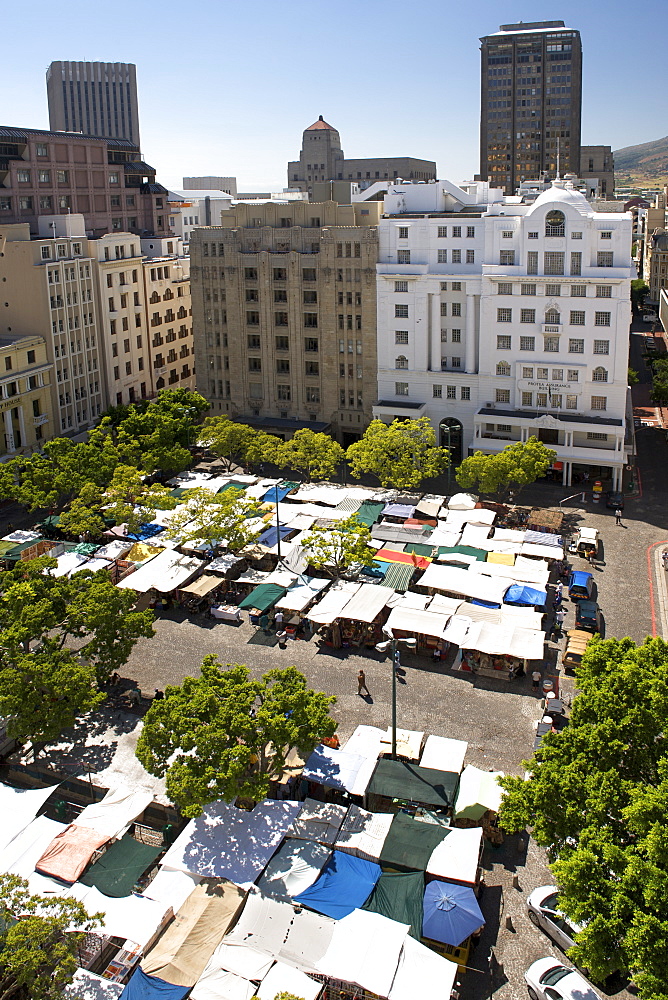 Aerial view of Greenmarket Square and surrounding buildings in the city of Cape Town, South Africa.