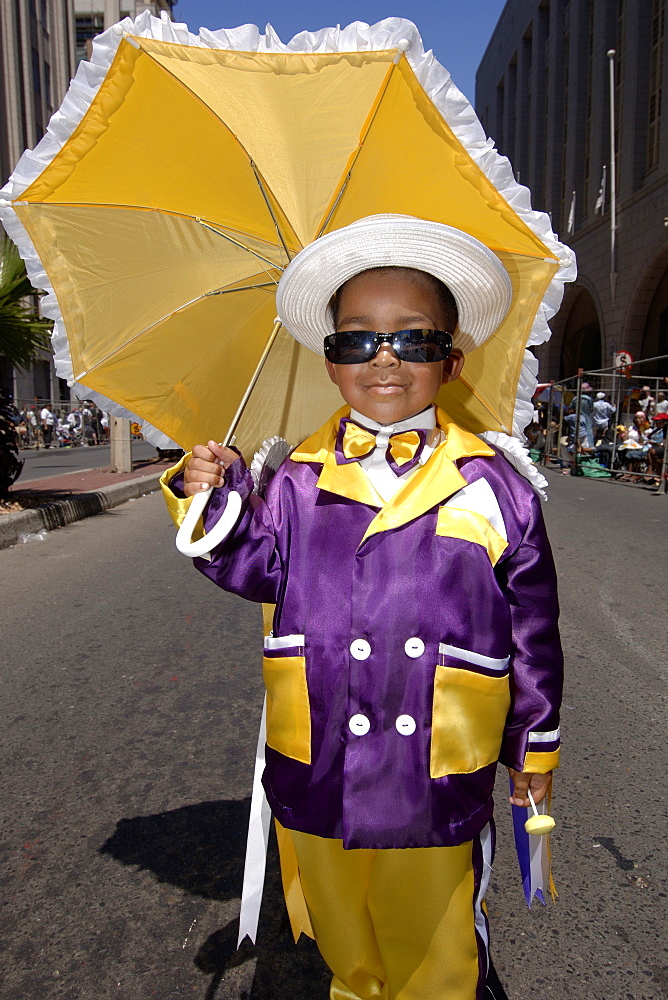 A young participant in the annual Minstrels procession (also referred to as the Coon Carnival) in Cape Town.