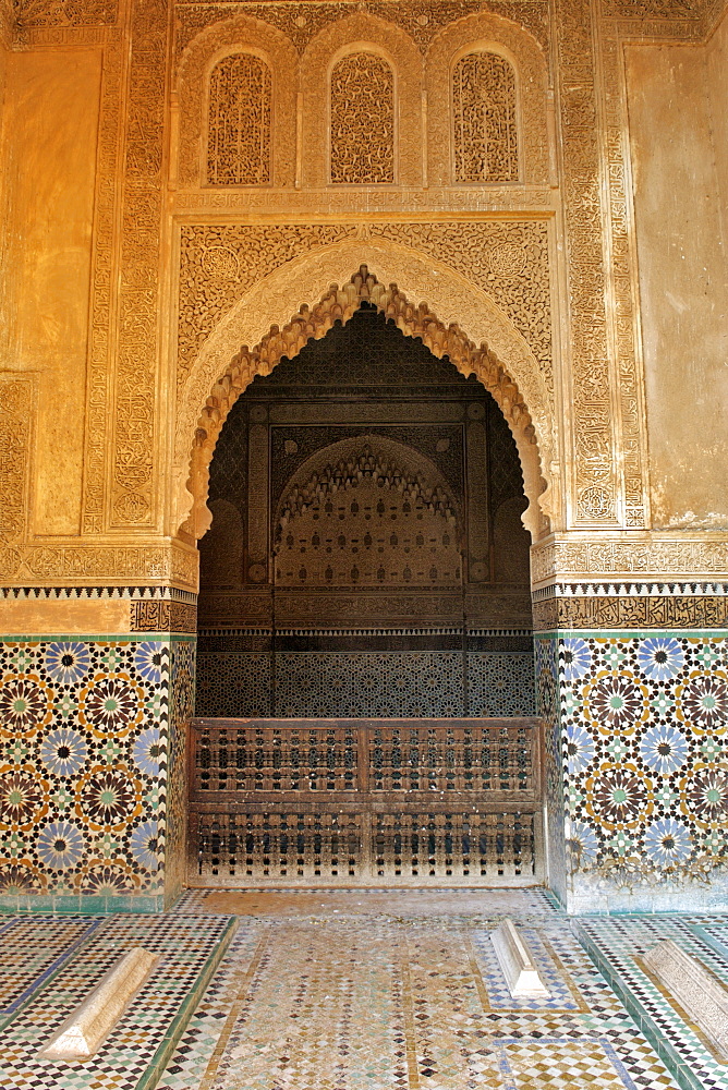 Mausoleum and Saadian tombs in Marrakech Morocco where over 60 members of the Saadi dynasty are buried. The dynasty ruled from the mid 16th to mid 17th century. The tombs were sealed and only re-discovered in 1917