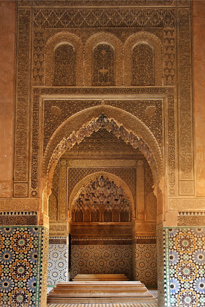 Mausoleum and Saadian tombs in Marrakech Morocco where over 60 members of the Saadi dynasty are buried. The dynasty ruled from the mid 16th to mid 17th century. The tombs were sealed and only re-discovered in 1917