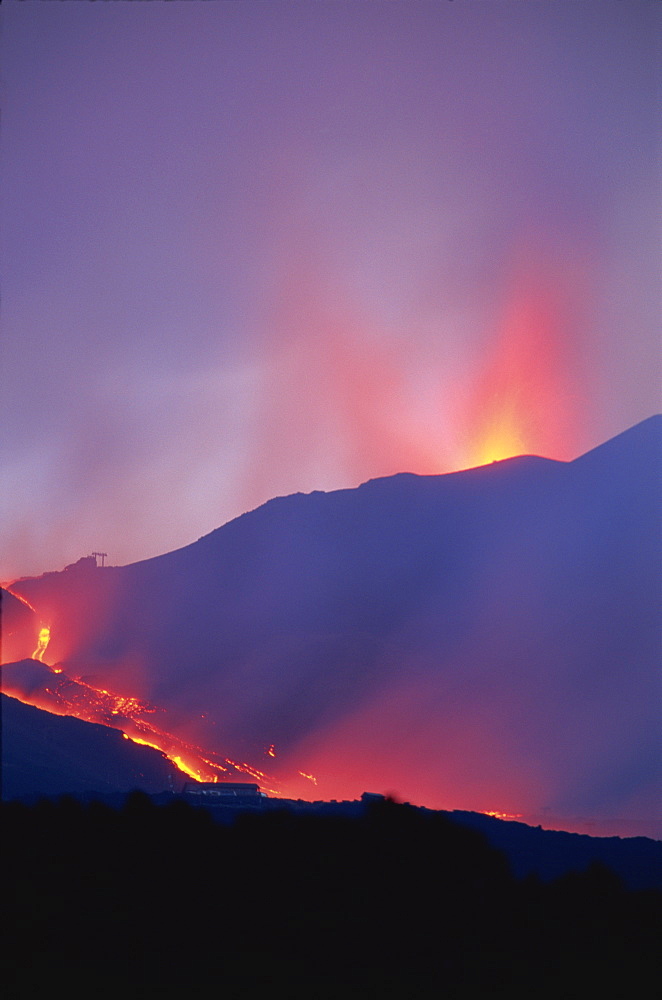 Lava flows during eruption of Mount Etna, Sicily, Italy, Europe