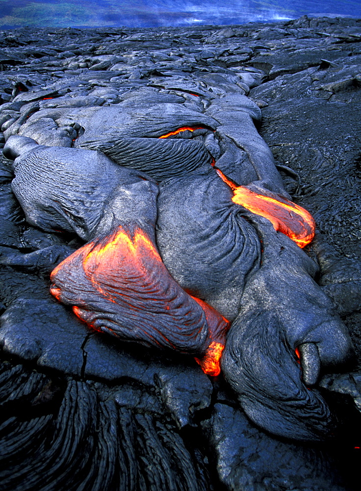 Flow of pahoehoe or 'ropey lava' near the Chain of Craters Road on the slopes of  Mt Kilauea volcano, in the south of this, the most volcanically active Hawaiian island, The Big Island, Hawaii, USA