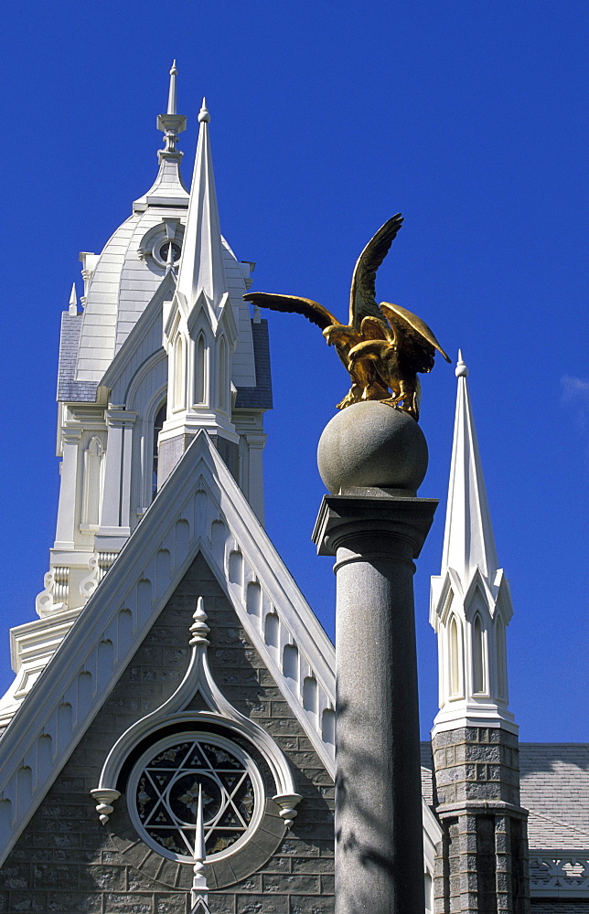 Column and ornate roof of the Assembly Hall on Temple Square, world centre of the Church of Jesus Christ of Latter Day Saints (the Mormons), Salt Lake City, Utah, United States of America (USA), North America