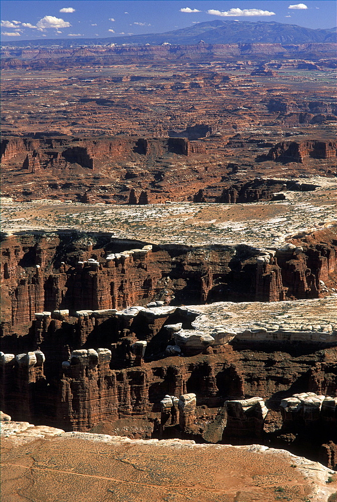 'Hoodoos' - rock towers of eroding softer rock under hard cap rock at the White Rim sandstone bench in the north west of this spectacular park where the canyons of the Colorado and Green Rivers have dramatically eroded the Colorado plateau, Canyonlands National Park, Utah, United States of America (USA), North America