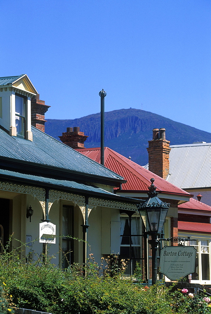 Older properties on Hampden Road, with 1270m Mount Wellington beyond, in the historic district of Battery Point, Hobart, Tasmania, Australia, Pacific