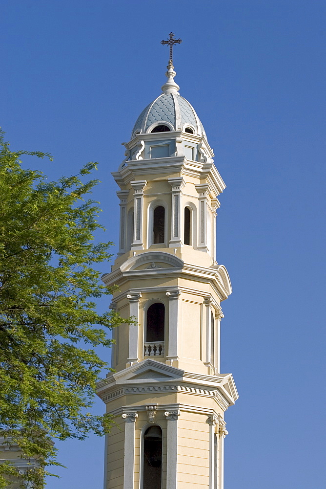 Spire of the cathedral on the Plaza de Armas of this vibrant commercial and historic centre in the north, Puira, Peru, South America