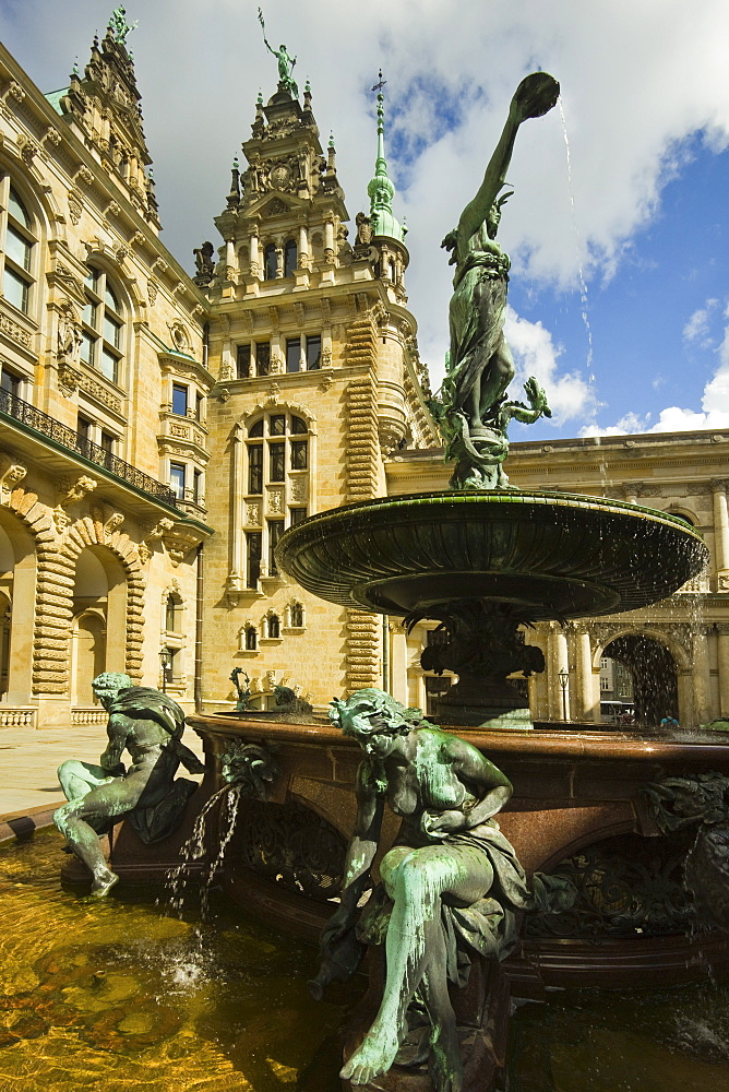 Neo-renaissance statues and fountain at the Hamburg Rathaus (City Hall), opened 1886, Hamburg, Germany, Europe 