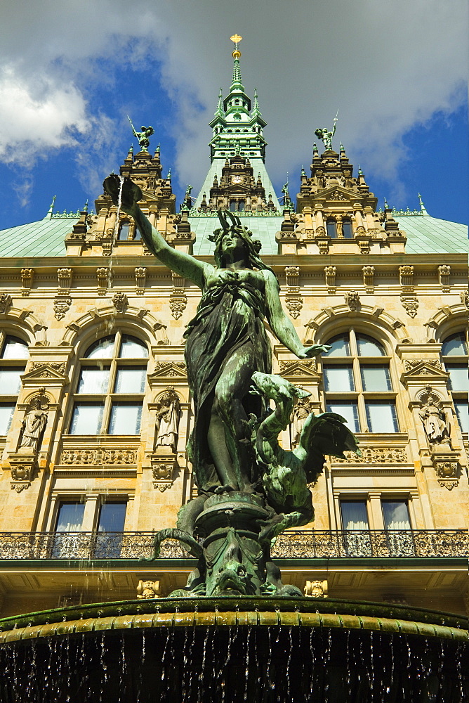 Neo-renaissance statues and fountain at the Hamburg Rathaus (City Hall), opened 1886, Hamburg, Germany, Europe 