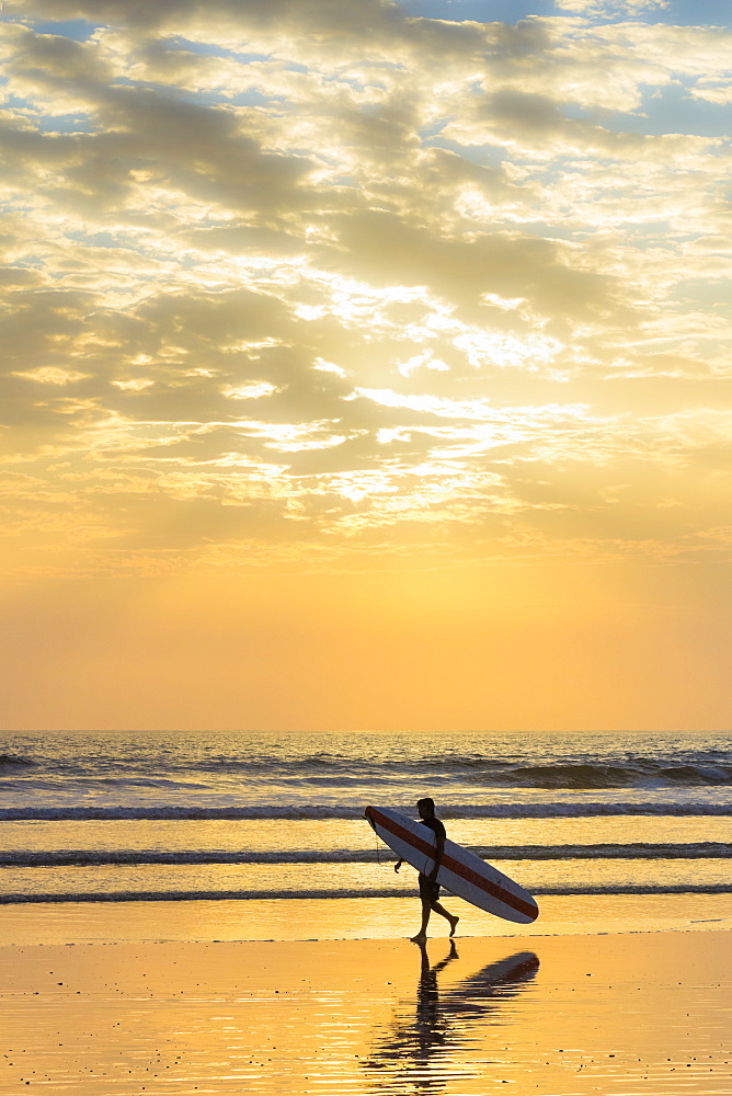 Surfer with long board at sunset on popular Playa Guiones surf beach, Nosara, Nicoya Peninsula, Guanacaste Province, Costa Rica, Central America