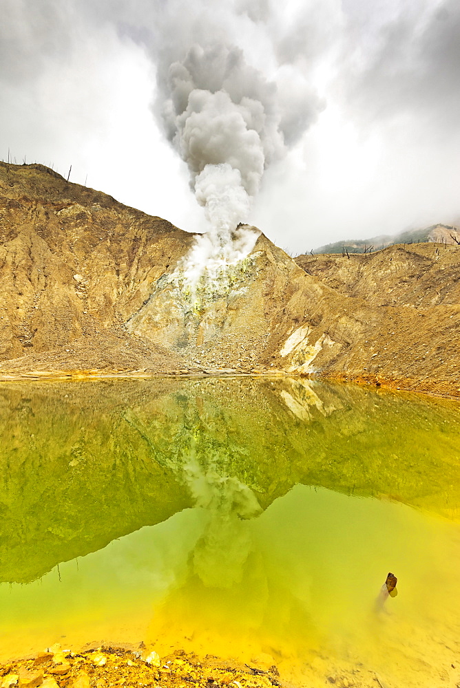 Green crater lake and steaming fumaroles at Papandayan Volcano, an active four cratered caldera, Garut, West Java, Java, Indonesia, Southeast Asia, Asia