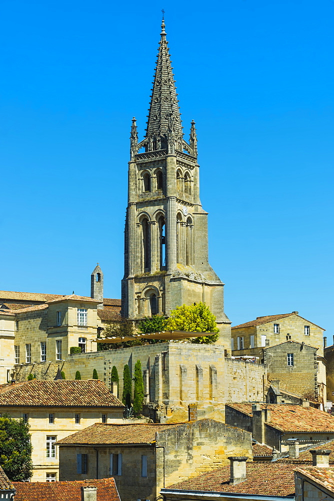 The 53 metre bell tower of the 13th century church in this historic town and famous Bordeaux red wine region, Saint Emilion, Gironde, France, Europe