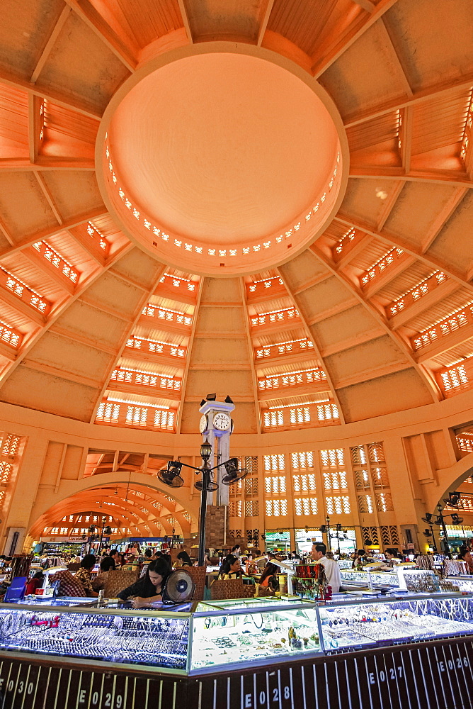 Jewellery displays under the 1937 Art Deco dome over the huge Central Market, city centre, Phnom Penh, Cambodia, Indochina, Southeast Asia, Asia