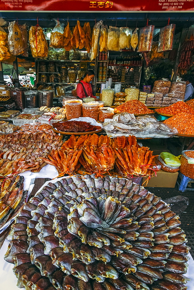 Large display of dried fish at this huge old market, Central Market, city centre, Phnom Penh, Cambodia, Indochina, Southeast Asia, Asia