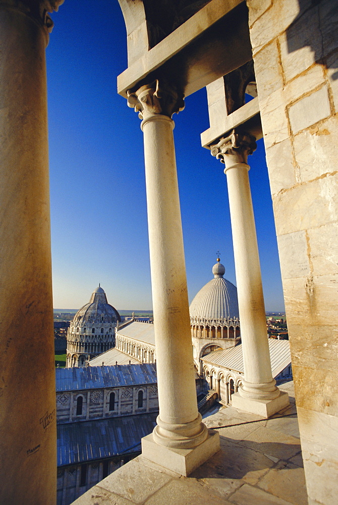 Looking from the Leaning Tower to Cathedral and Baptistery, Piazza del Duomo, Pisa, Tuscany, Italy