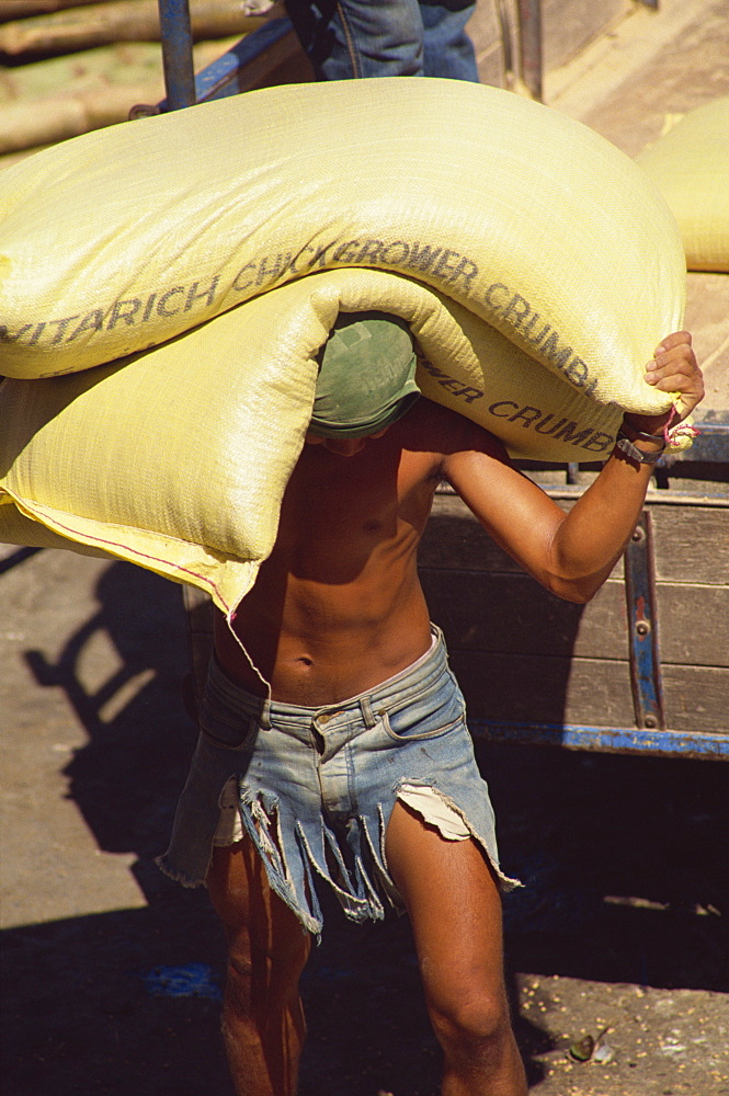 Stevedore carrying sacks at the docks in Iloilo City, Panay, Visayan Islands, Philippines, Southeast Asia, Asia