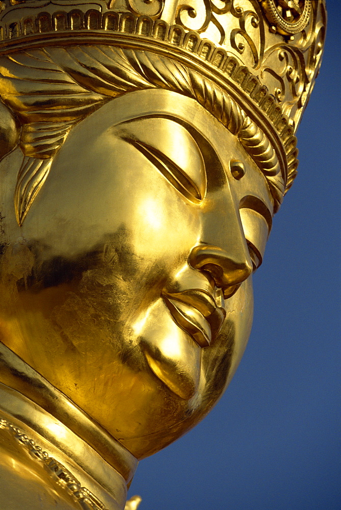 Close-up of the face of the golden Buddha at a new shrine near religious centre of Koyasan on Kii Peninsula, in western Honshu, Japan, Asia