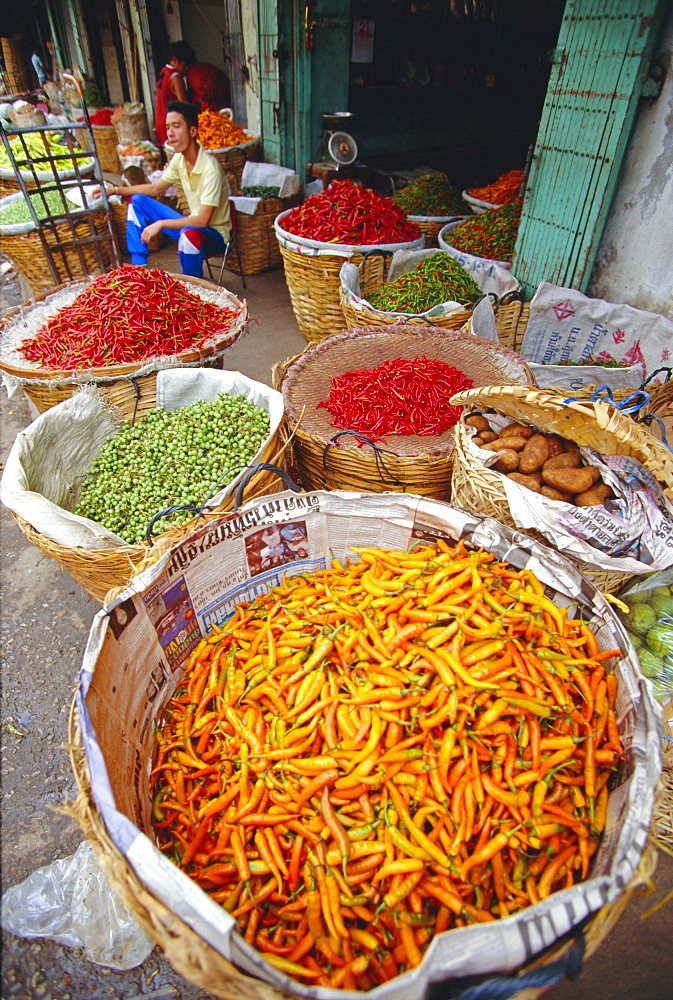 Chilies and other vegetables, Chinatown market, Bangkok, Thailand, Asia